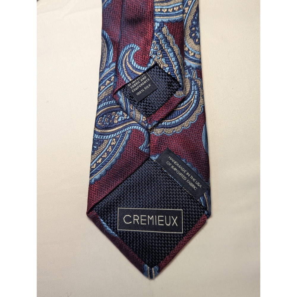 Cremieux Mens Silk Necktie Burgundy‎ Blue Gold Paisley  3 Inch Width